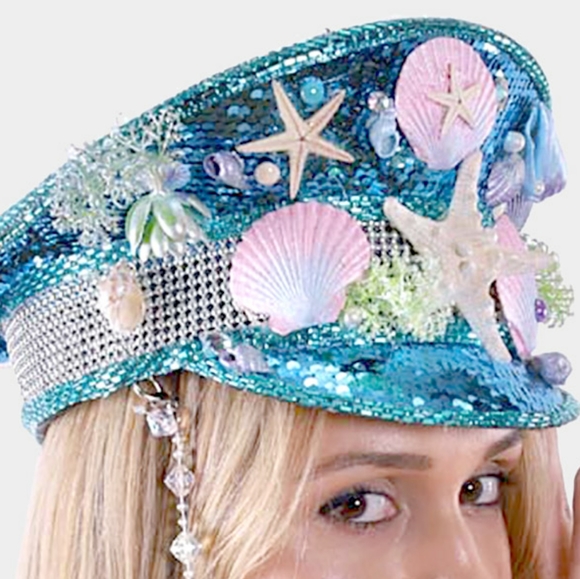 Under The Sea Shell Starfish Sequin Sky Blue Hat - Picture 2 of 2